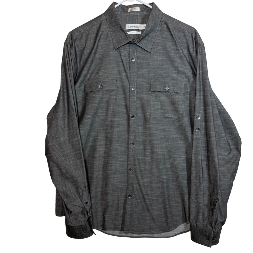 Calvin Klein Mens XL Gray Slim Fit 100% Cotton Button Up Shirt Dress Casual
